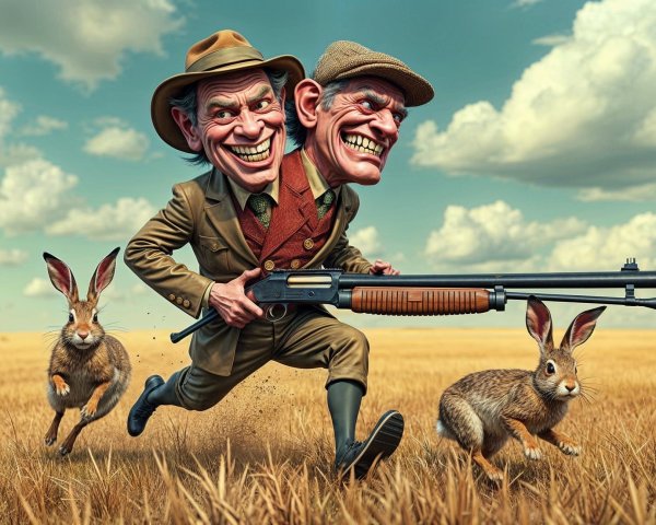 Humorous Scene of Caricatured Hunters in Field