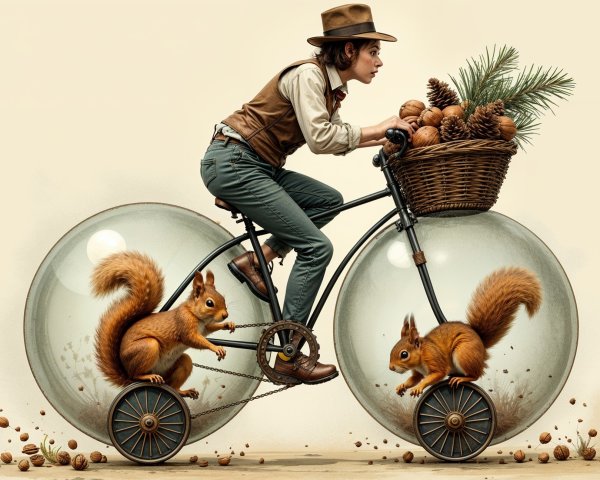 Whimsical Cyclist with Glass Wheels and Squirrels