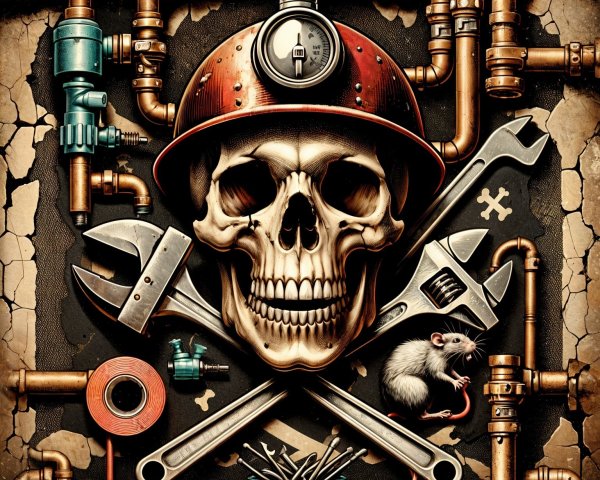 Skull in Helmet Surrounded by Plumbing Tools and Rat