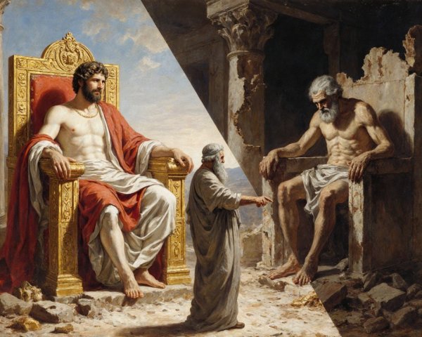 Regal Figure on Throne with Elderly Figures in Scene