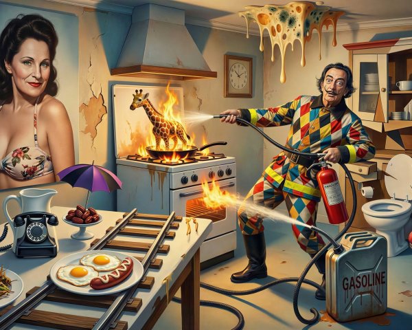 Surreal Kitchen Scene with Unusual Elements and Decor