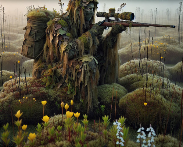 Camouflaged Soldier in Misty Landscape with Sniper Rifle