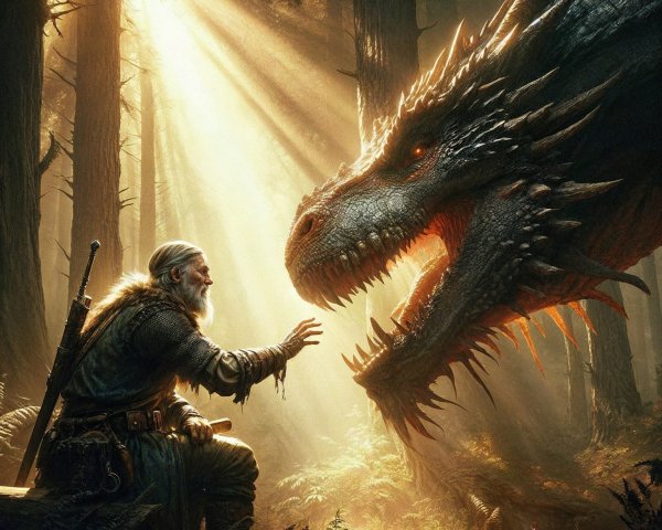 Old Warrior Meets Majestic Dragon in Golden Forest