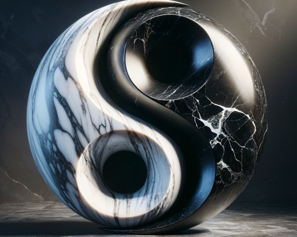 Polished marble yin-yang sculpture with intricate veining