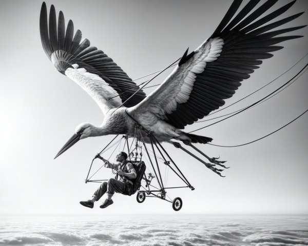 Surreal Scene of a Person Suspended Below a Stork