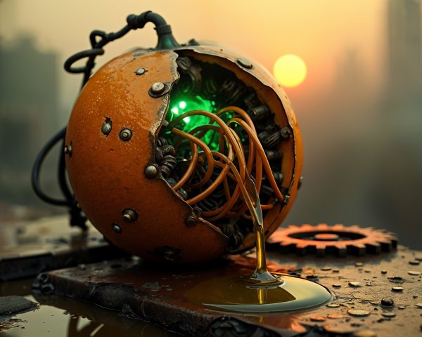 Cracked Orange Sphere with Intricate Circuitry and Glow