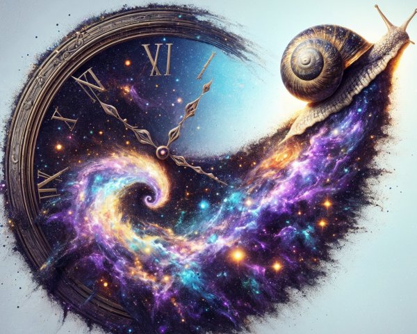 Surreal Clock and Cosmic Scene with Snail and Galaxy