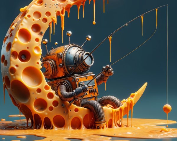 Whimsical Robot on Crescent Moon with Cheese Pool