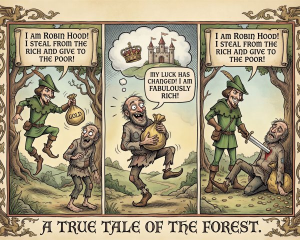 Three-Panel Comic Strip Featuring Robin Hood's Tale