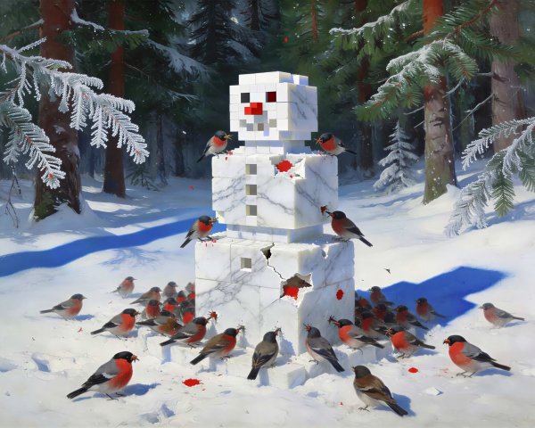 Winter Forest Scene with Pixelated Snowman and Bullfinches