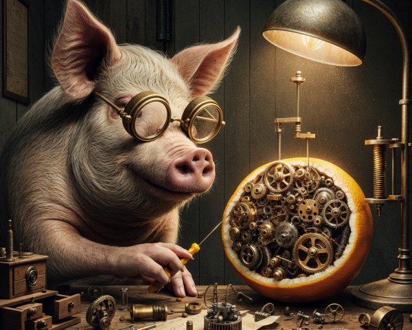 Whimsical Pig Tinkering with Clockwork Orange Scene