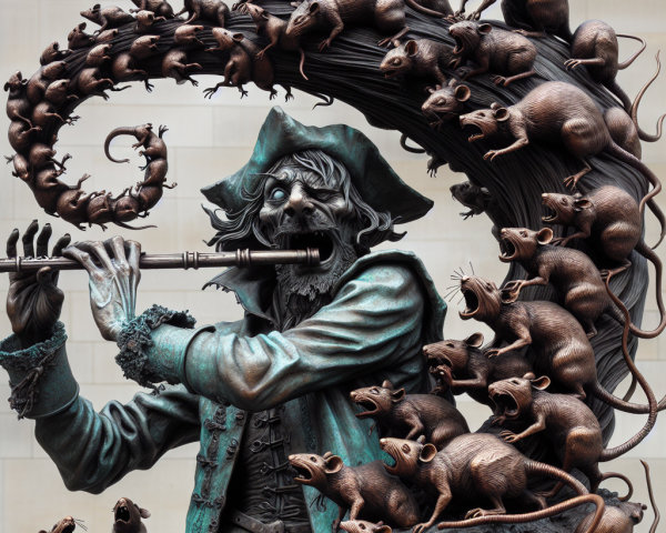 Bronze Flute Player Statue Surrounded by Sculpted Rats