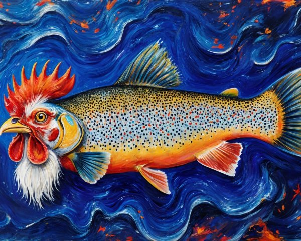 Whimsical Trout with Rooster Head in Colorful Painting