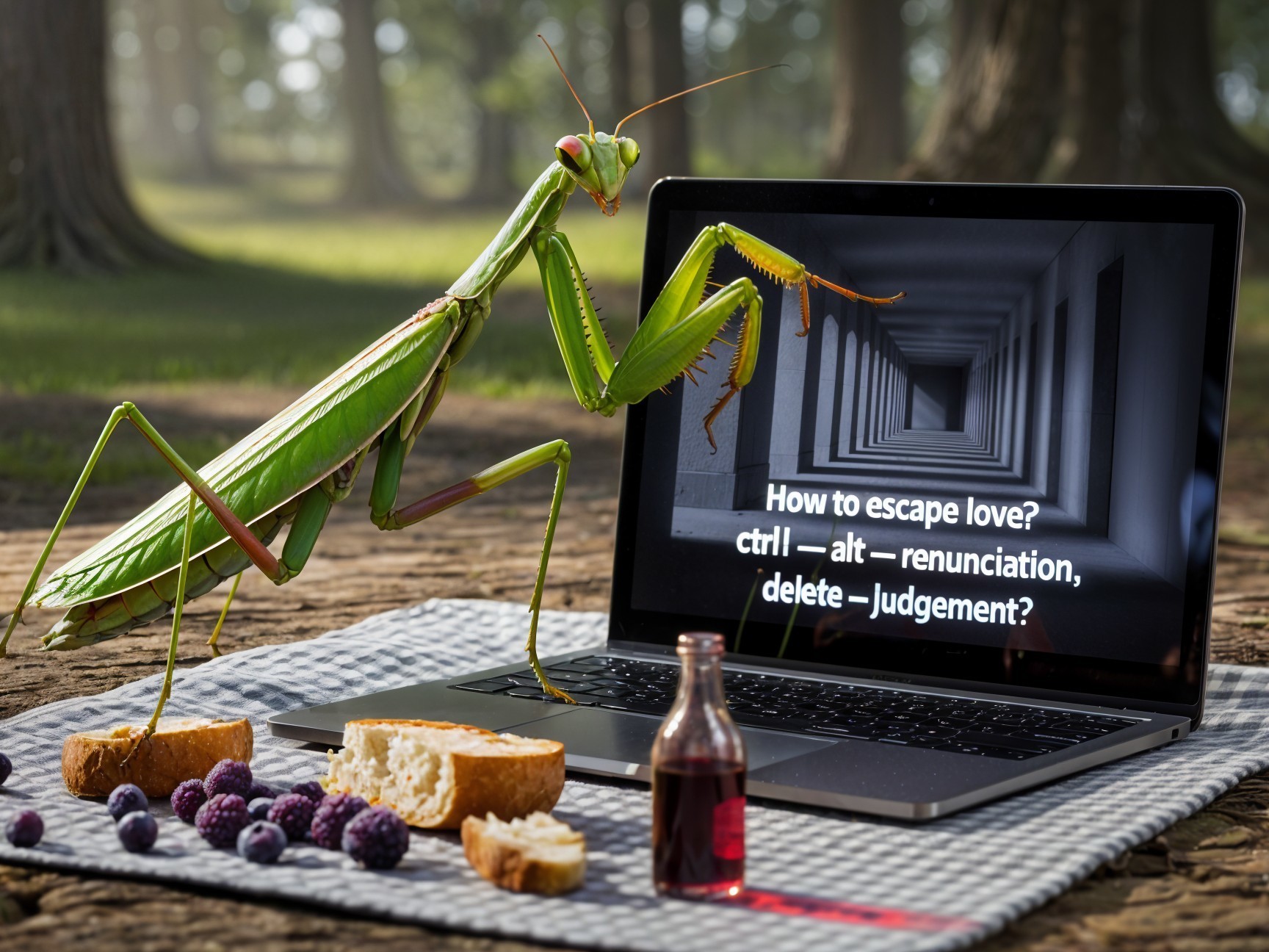 Green Praying Mantis on Picnic Blanket in Forest