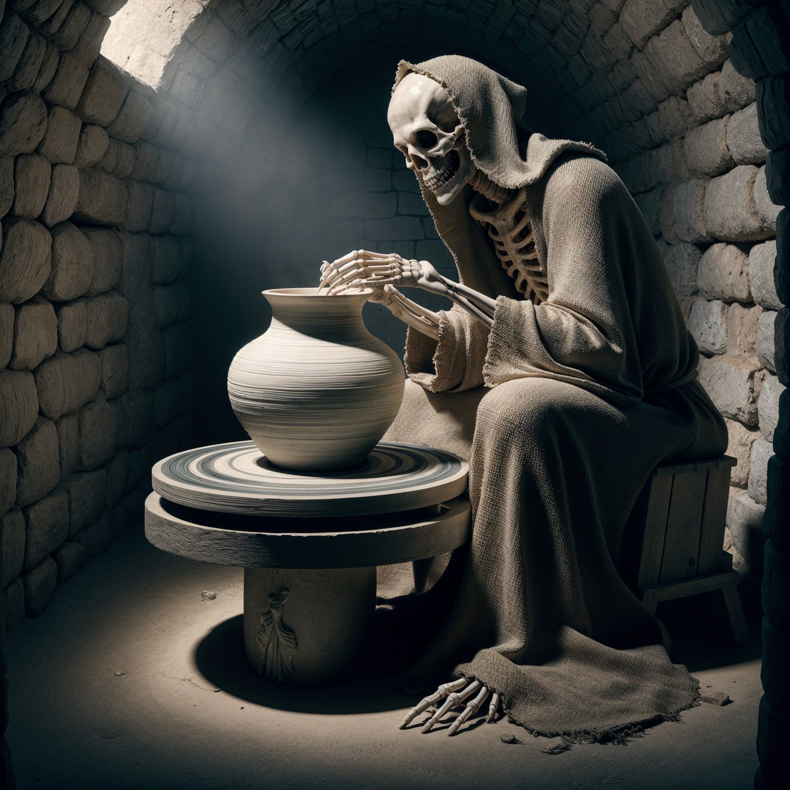 Skeletal Figure Shaping Clay in Dim Stone Chamber
