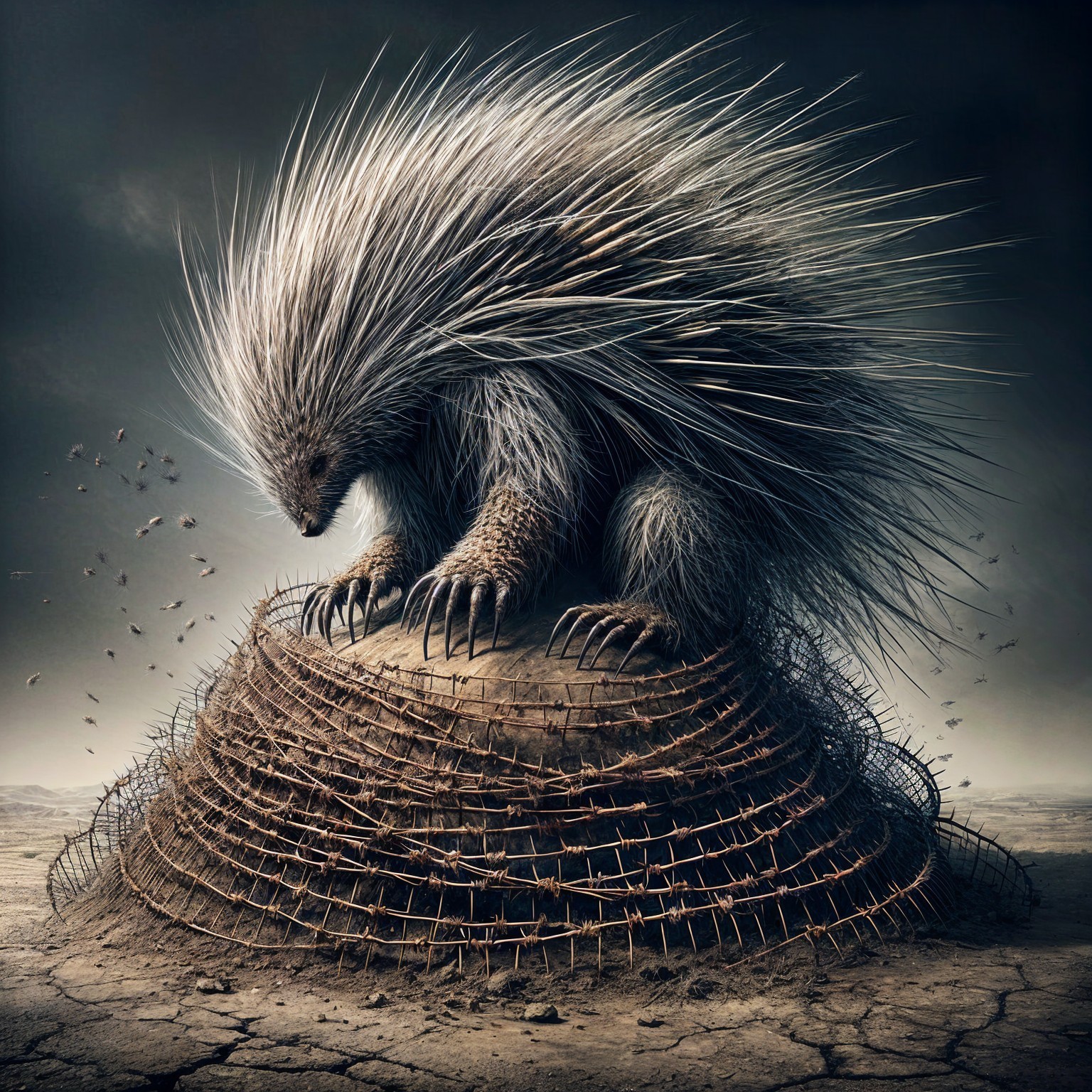 Majestic Porcupine on Branch Mound in Dark Landscape