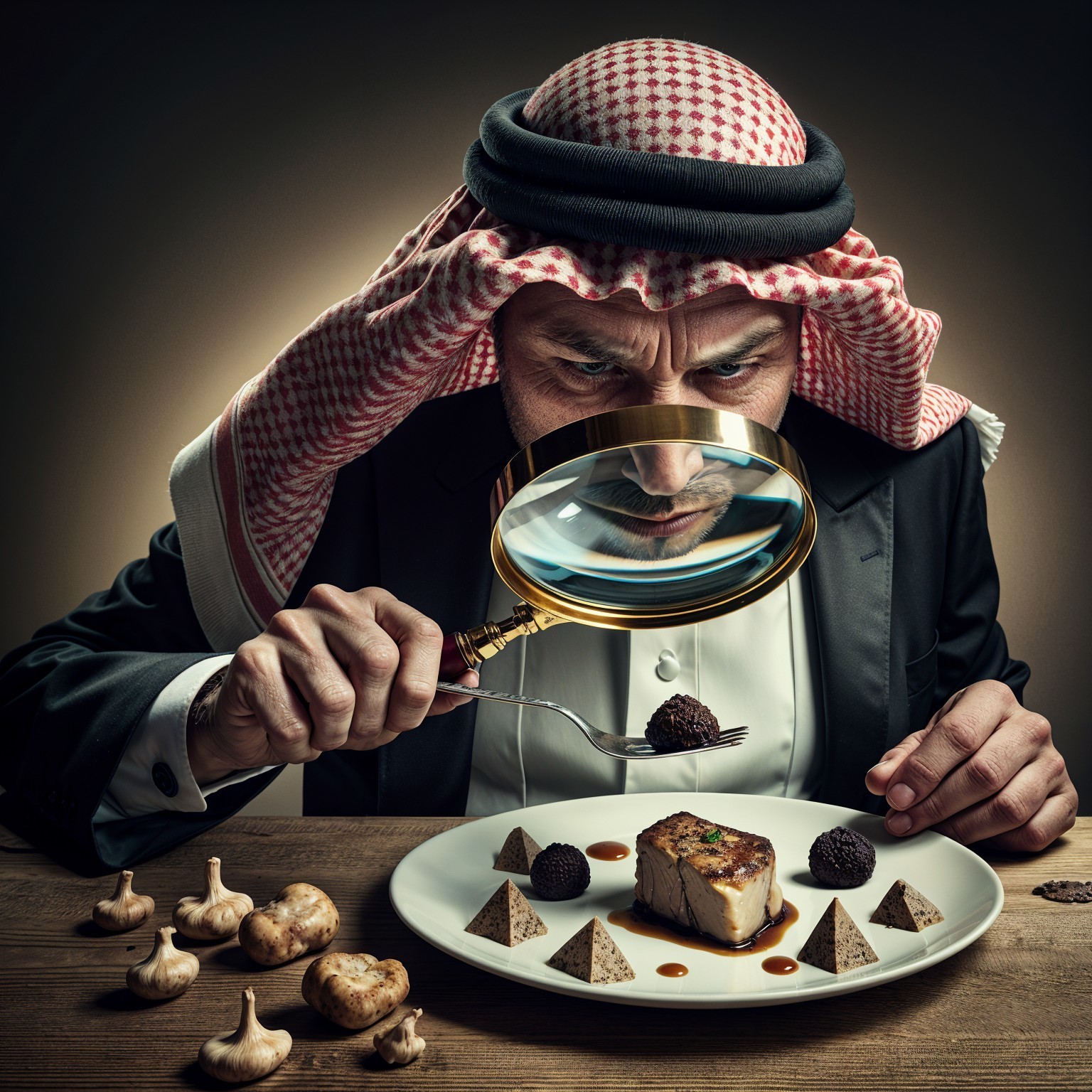 Man in Formal Attire Examines Gourmet Dish Carefully