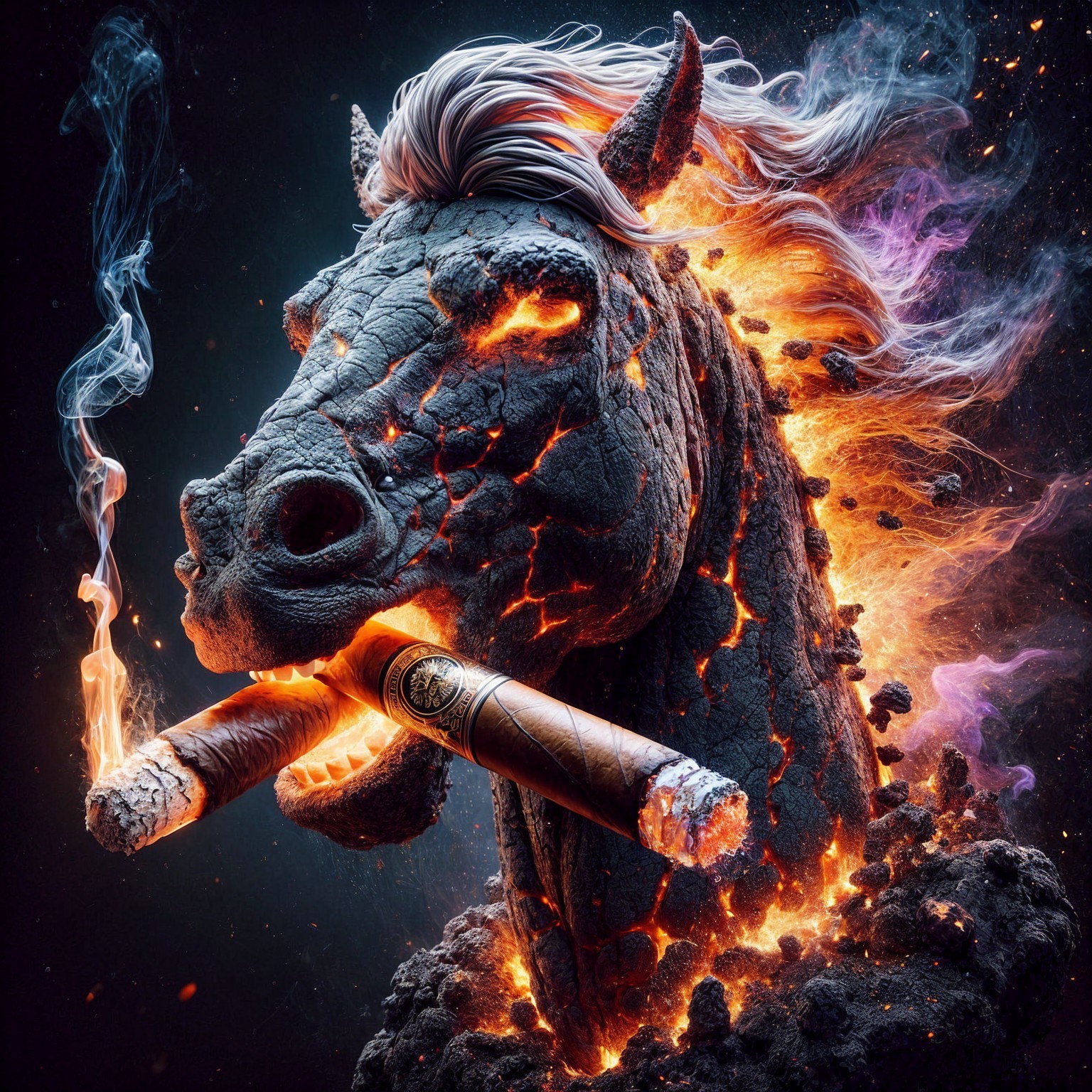 Fiery Horse Head in Volcanic Landscape with Smoke