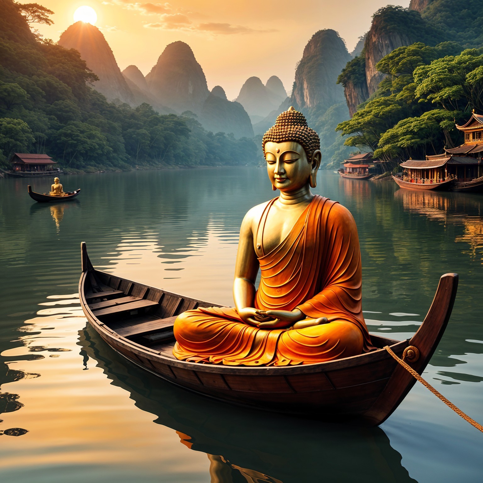 Golden Buddha Statue in Tranquil Landscape Setting