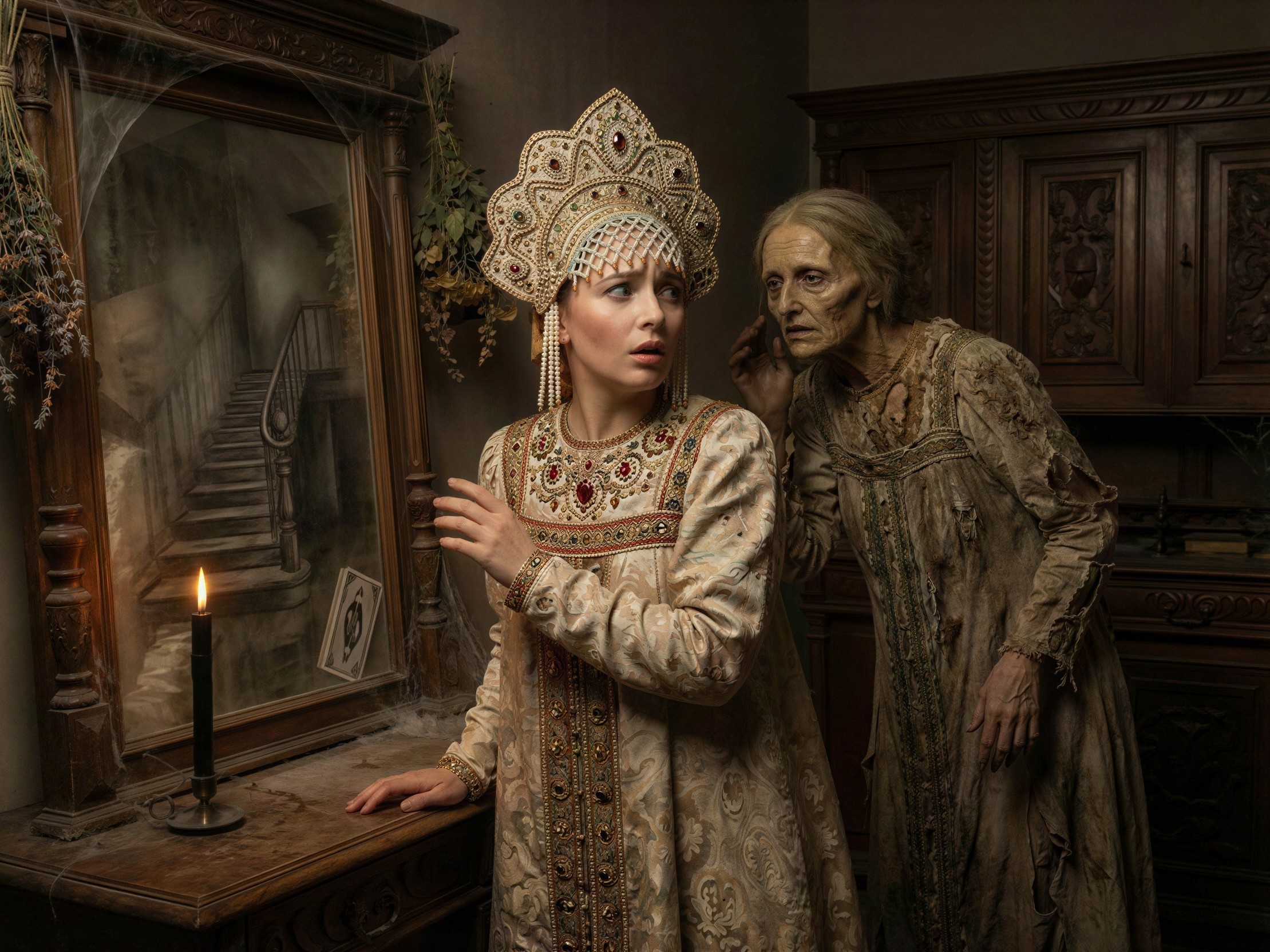 Young Woman in Traditional Russian Attire in Dark Room