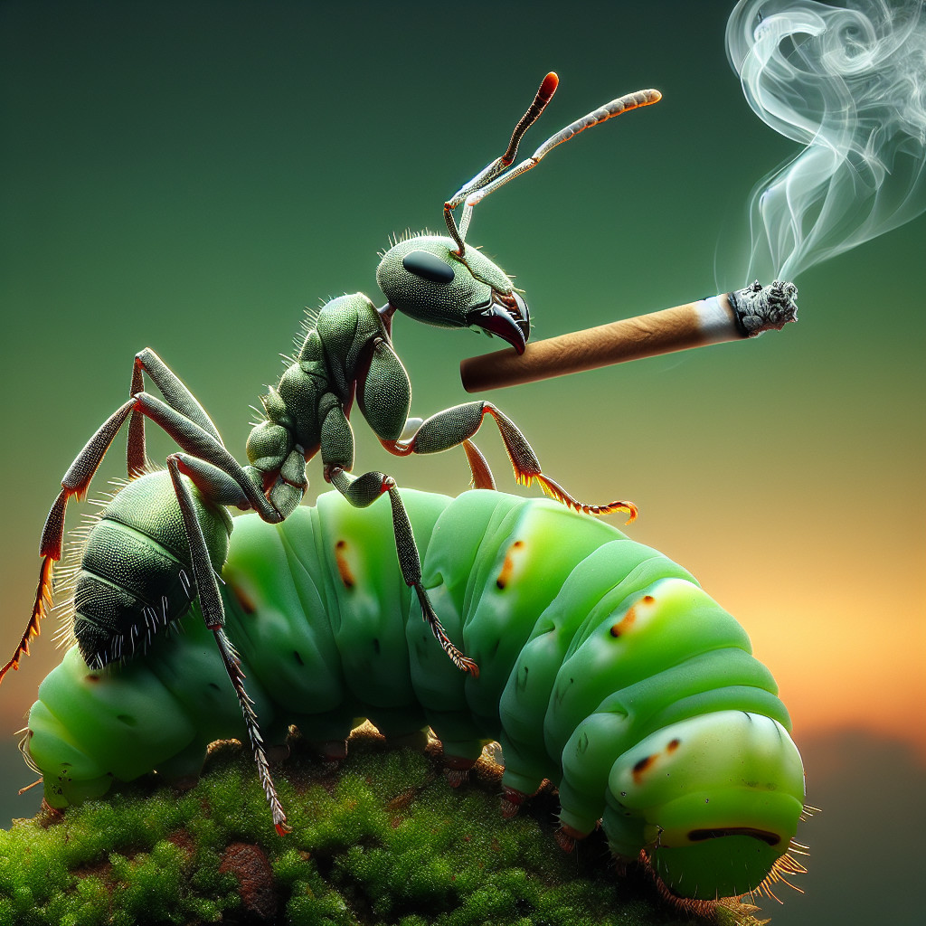 Ant on Caterpillar with Smoke Against Colorful Background