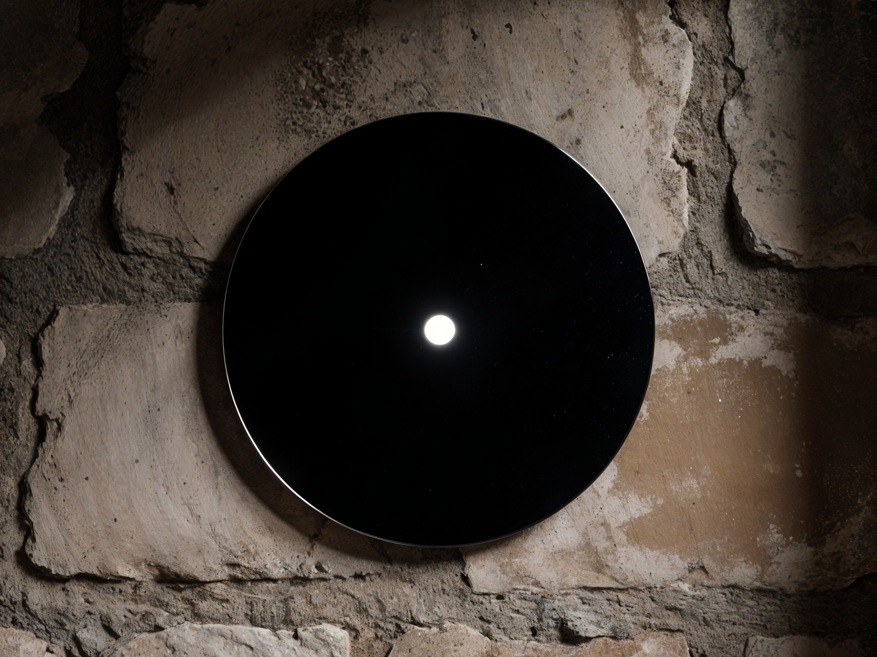 Circular Reflective Surface on Textured Stone Wall