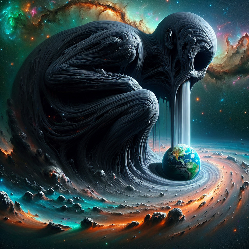 Surreal Figure Cradling Earth in Cosmic Background