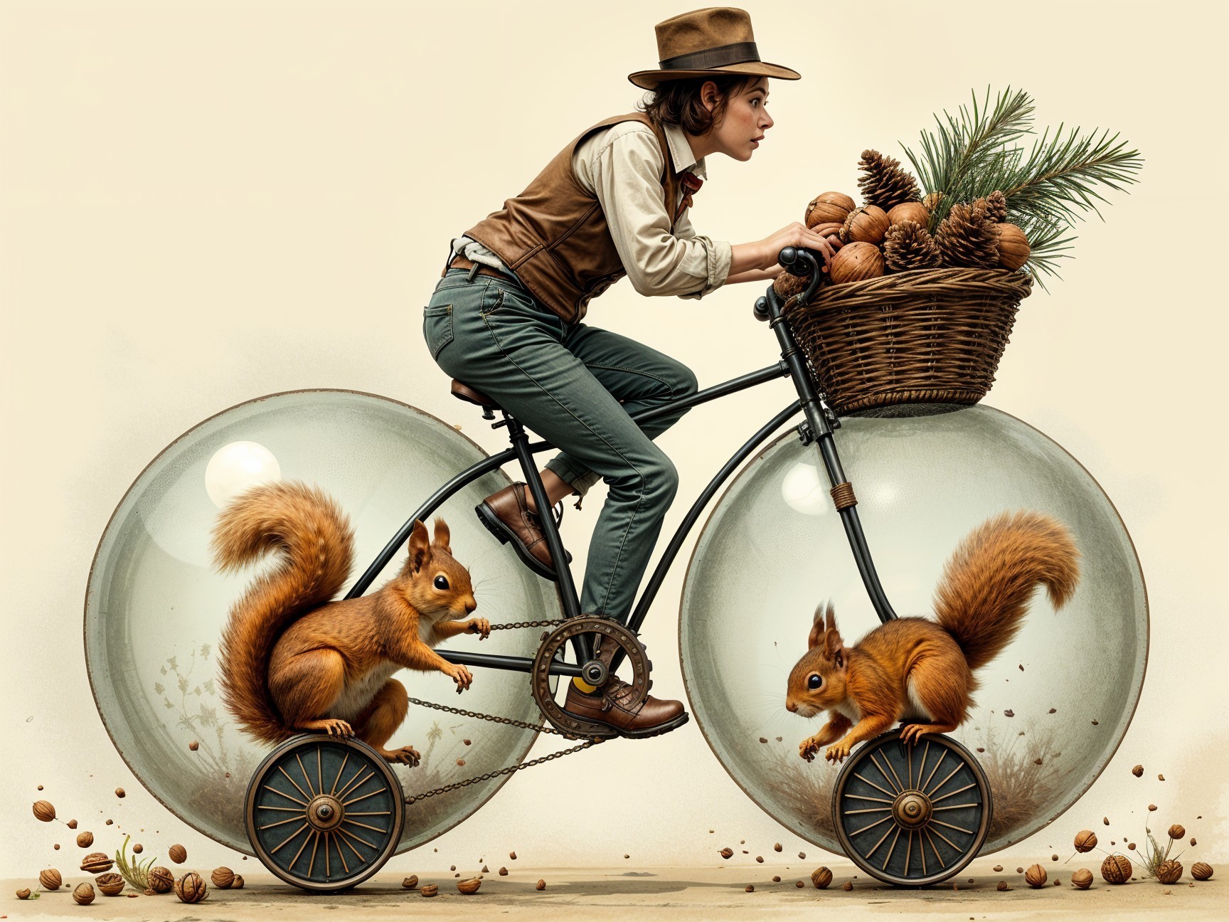 Whimsical Cyclist with Glass Wheels and Squirrels