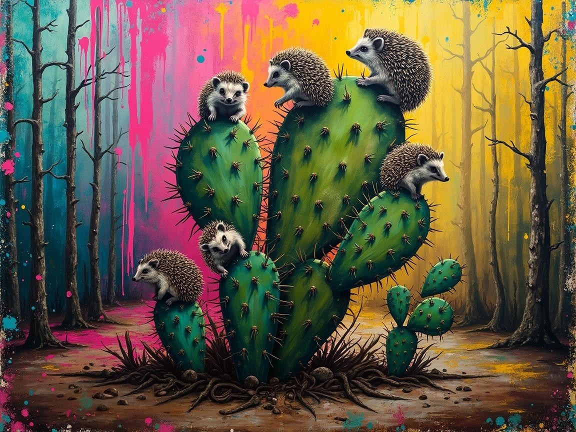 Playful Hedgehogs on a Colorful Cactus Scene