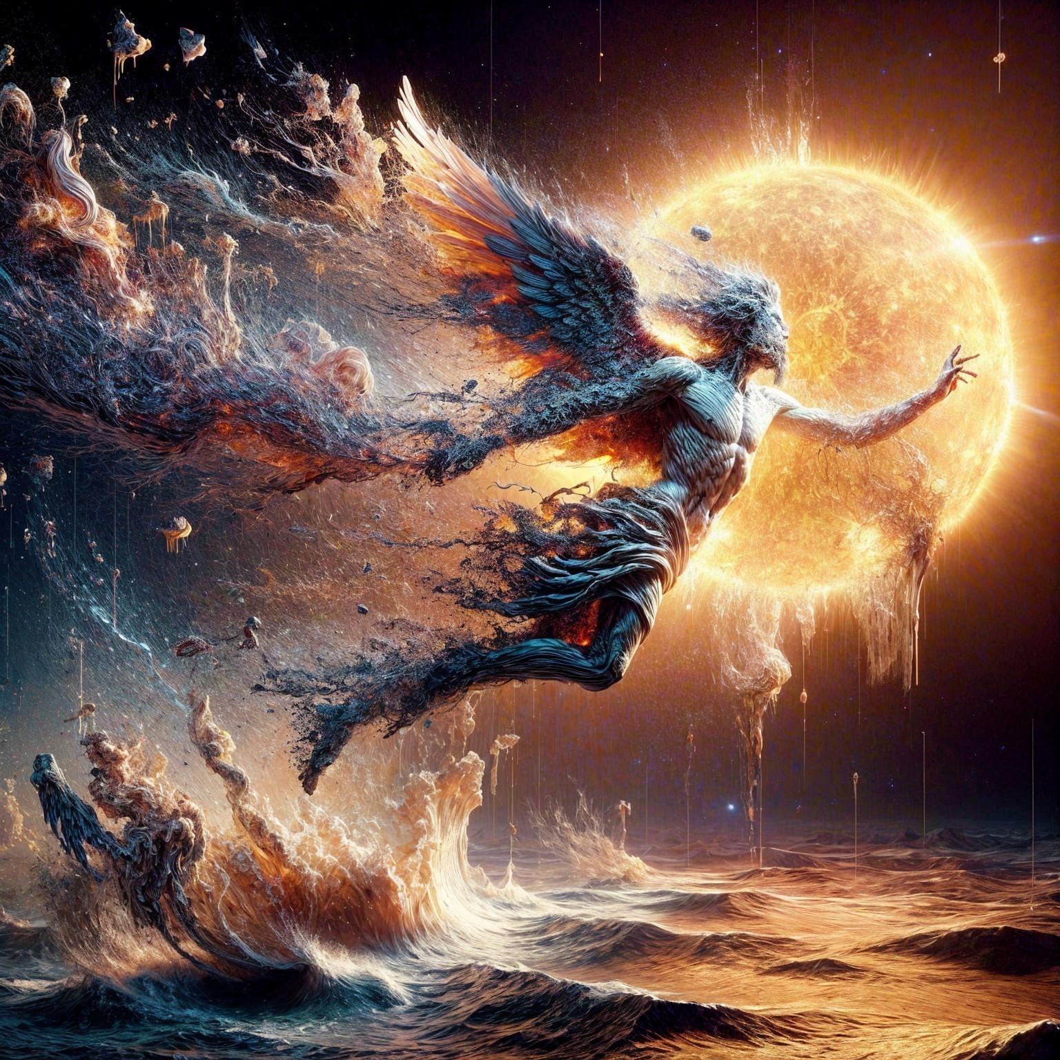 Celestial Figure Soaring Towards a Radiant Sun