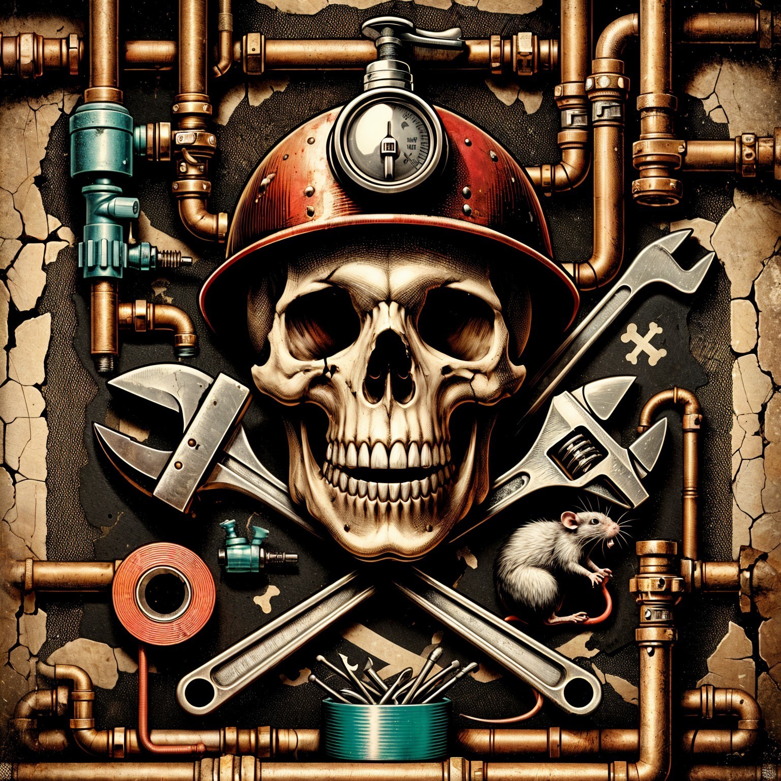 Skull in Helmet Surrounded by Plumbing Tools and Rat