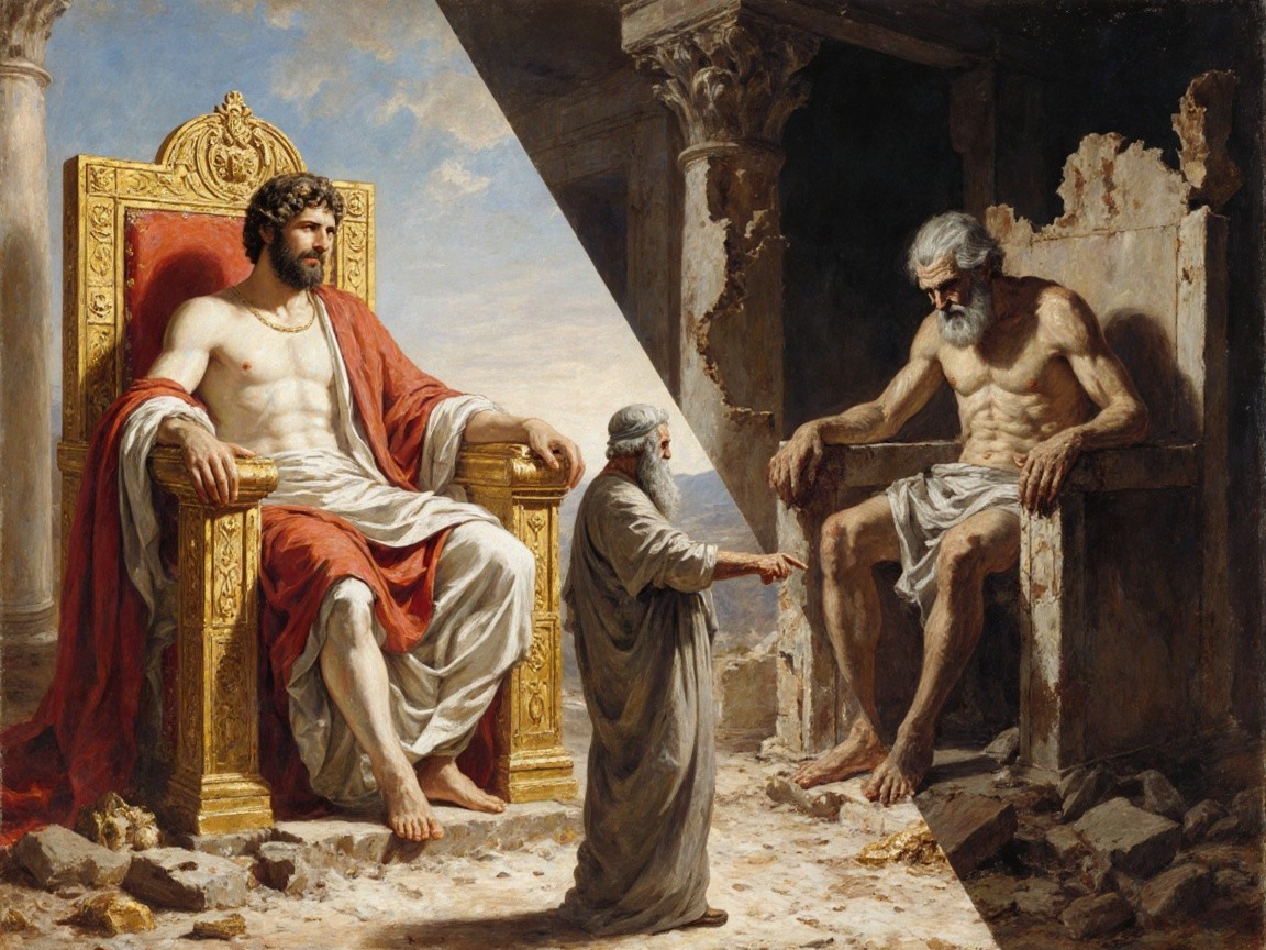 Regal Figure on Throne with Elderly Figures in Scene