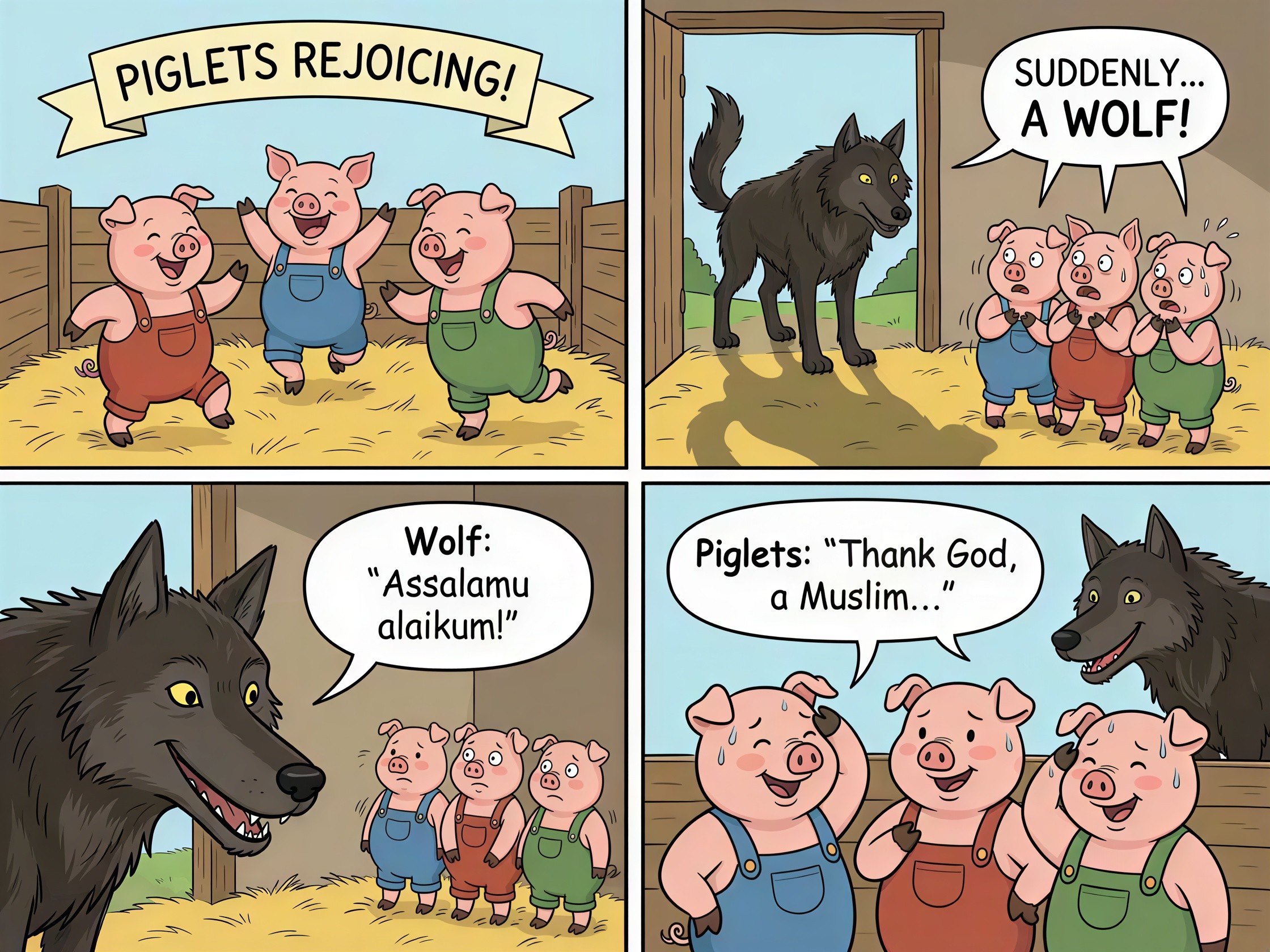 Humorous Four-Panel Comic Strip of Three Little Pigs