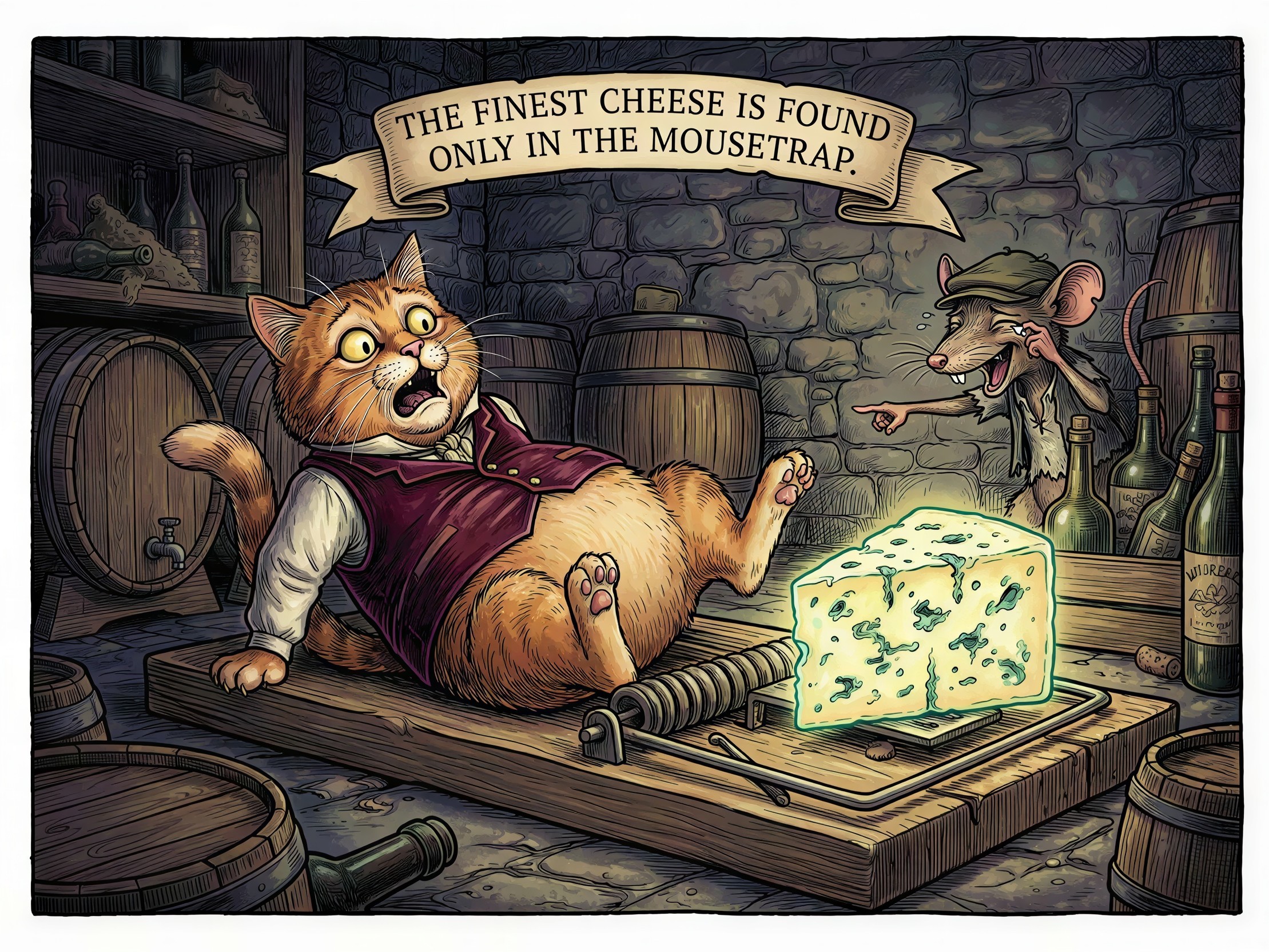Ginger Cat on Mousetrap in Dark Cellar Scene