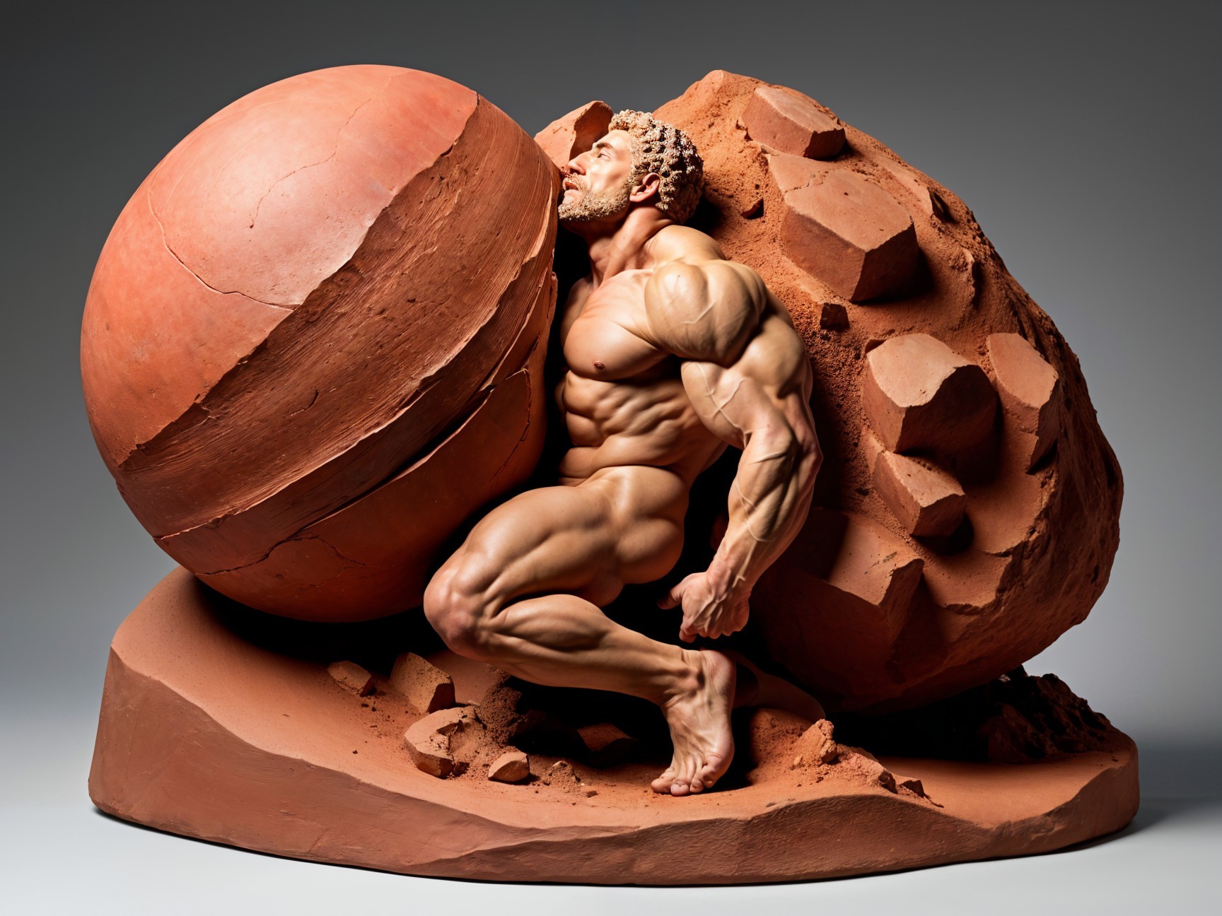 Terracotta Sculpture of Muscular Figure with Boulders