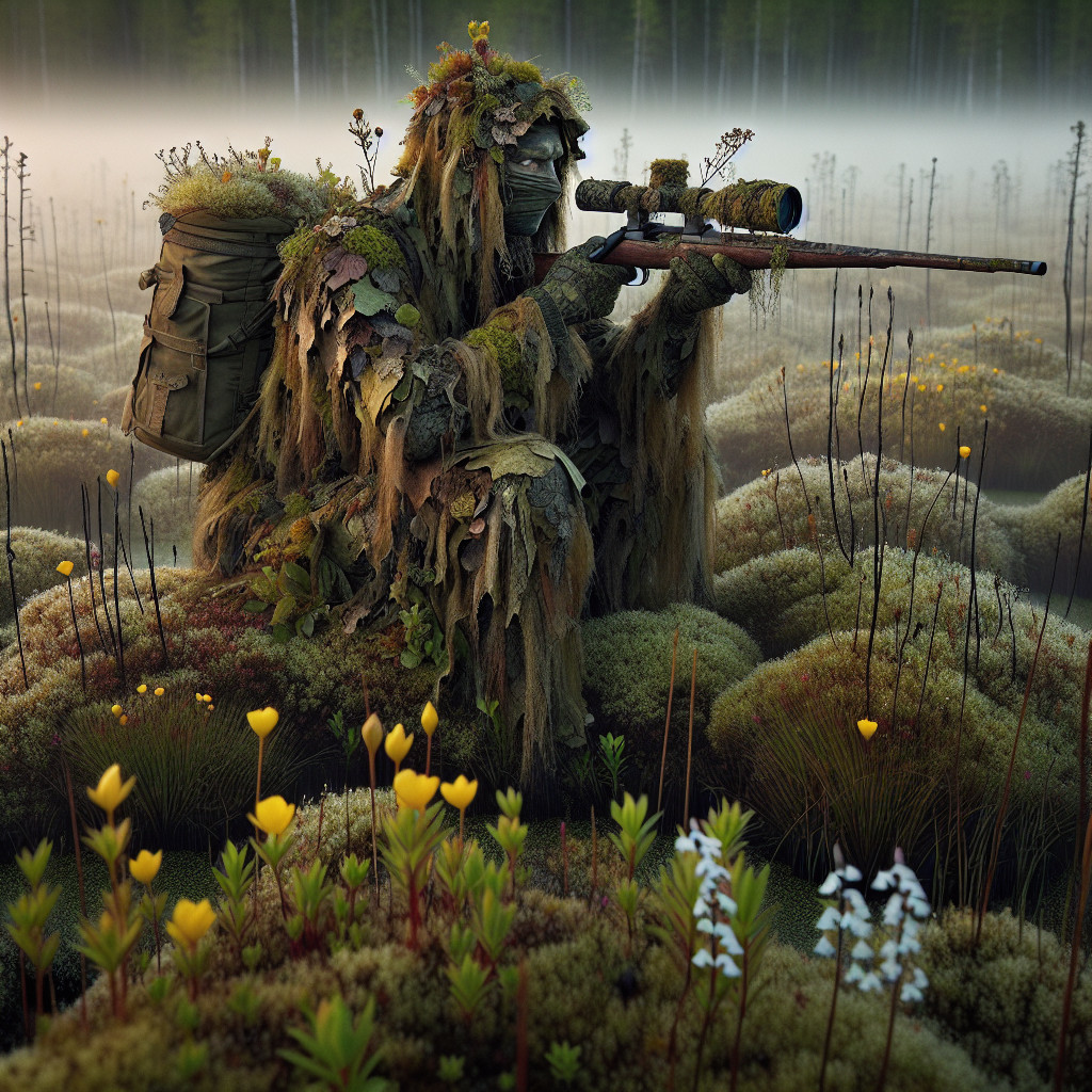 Camouflaged Soldier in Misty Landscape with Sniper Rifle