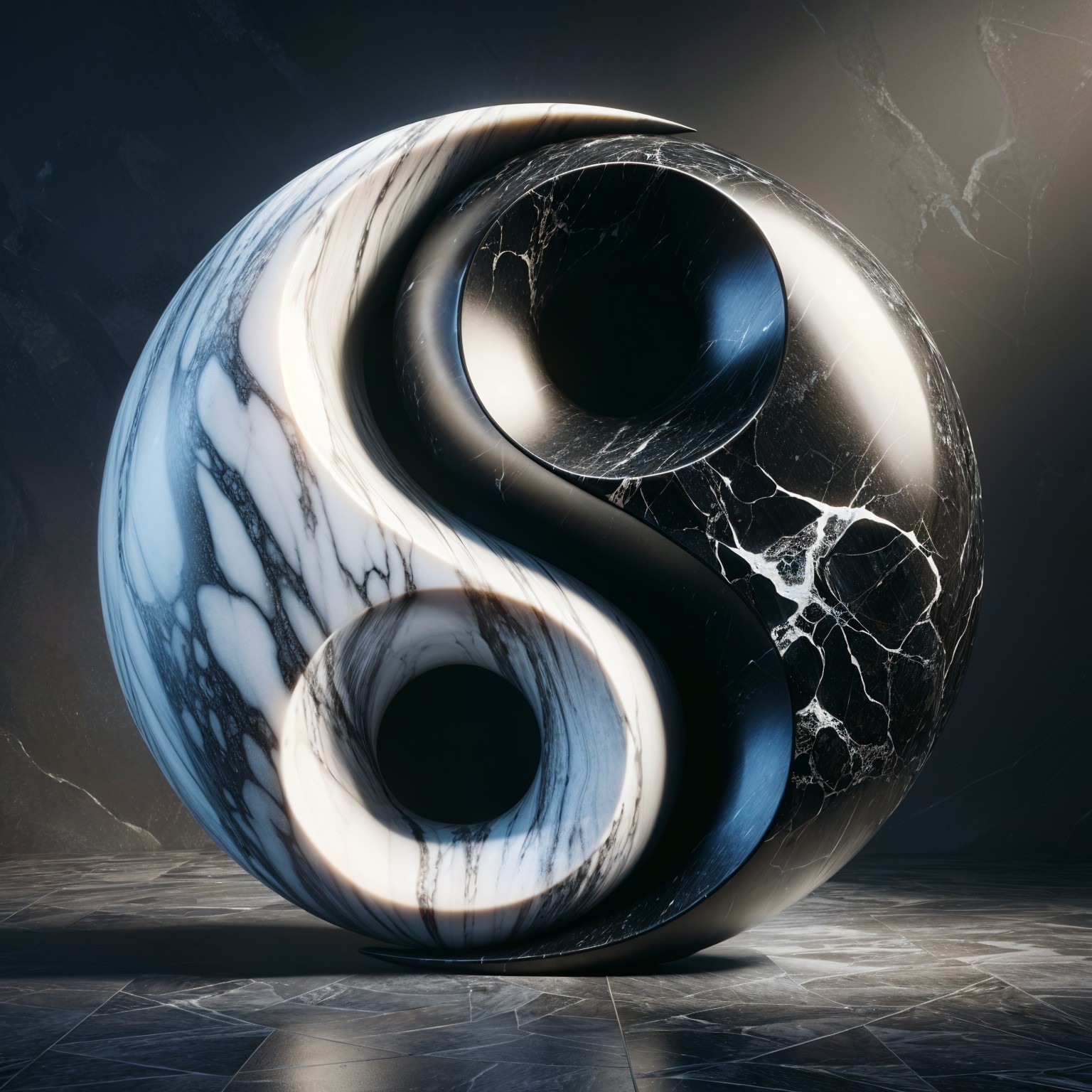Polished marble yin-yang sculpture with intricate veining