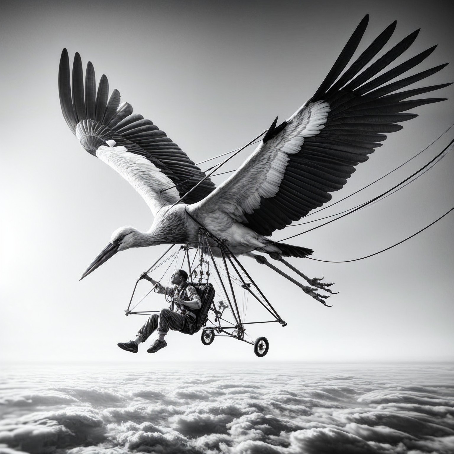Surreal Scene of a Person Suspended Below a Stork