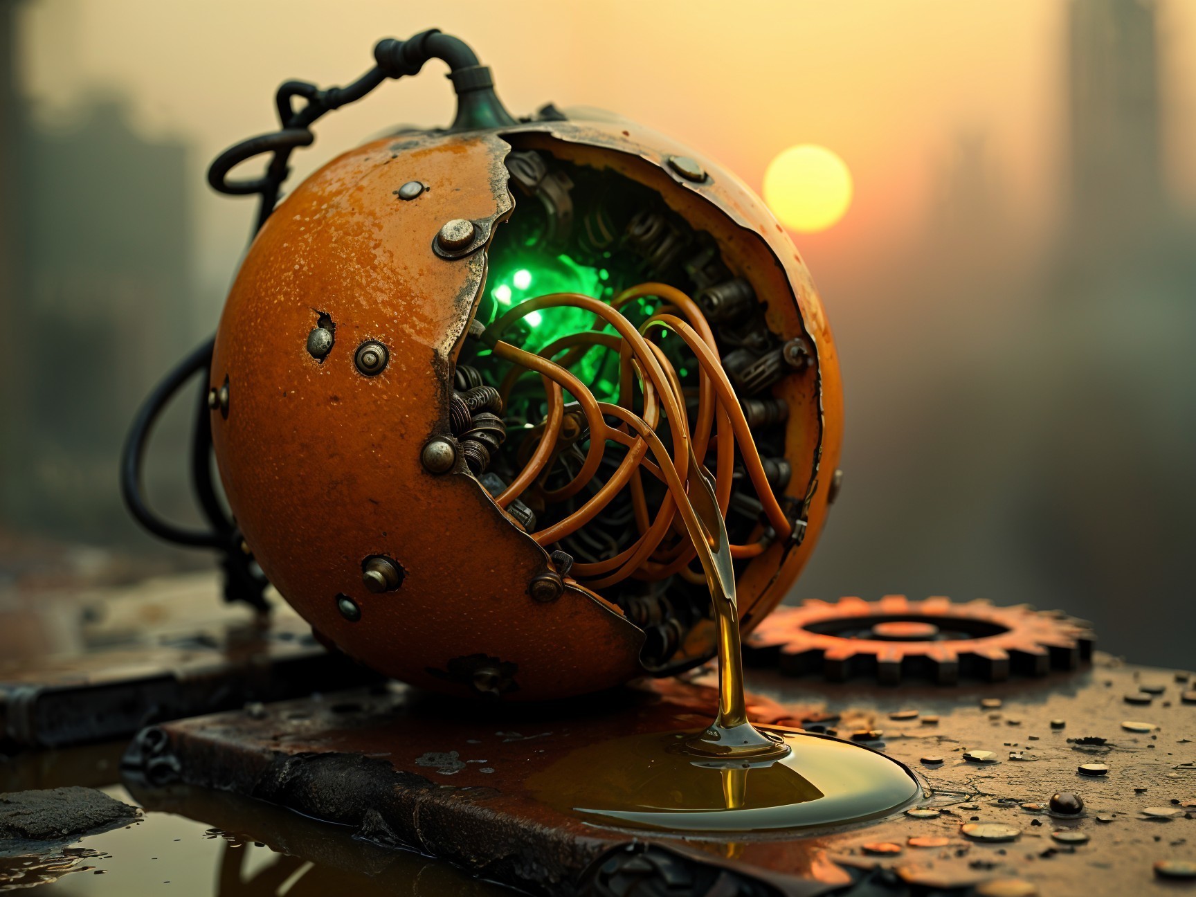Cracked Orange Sphere with Intricate Circuitry and Glow