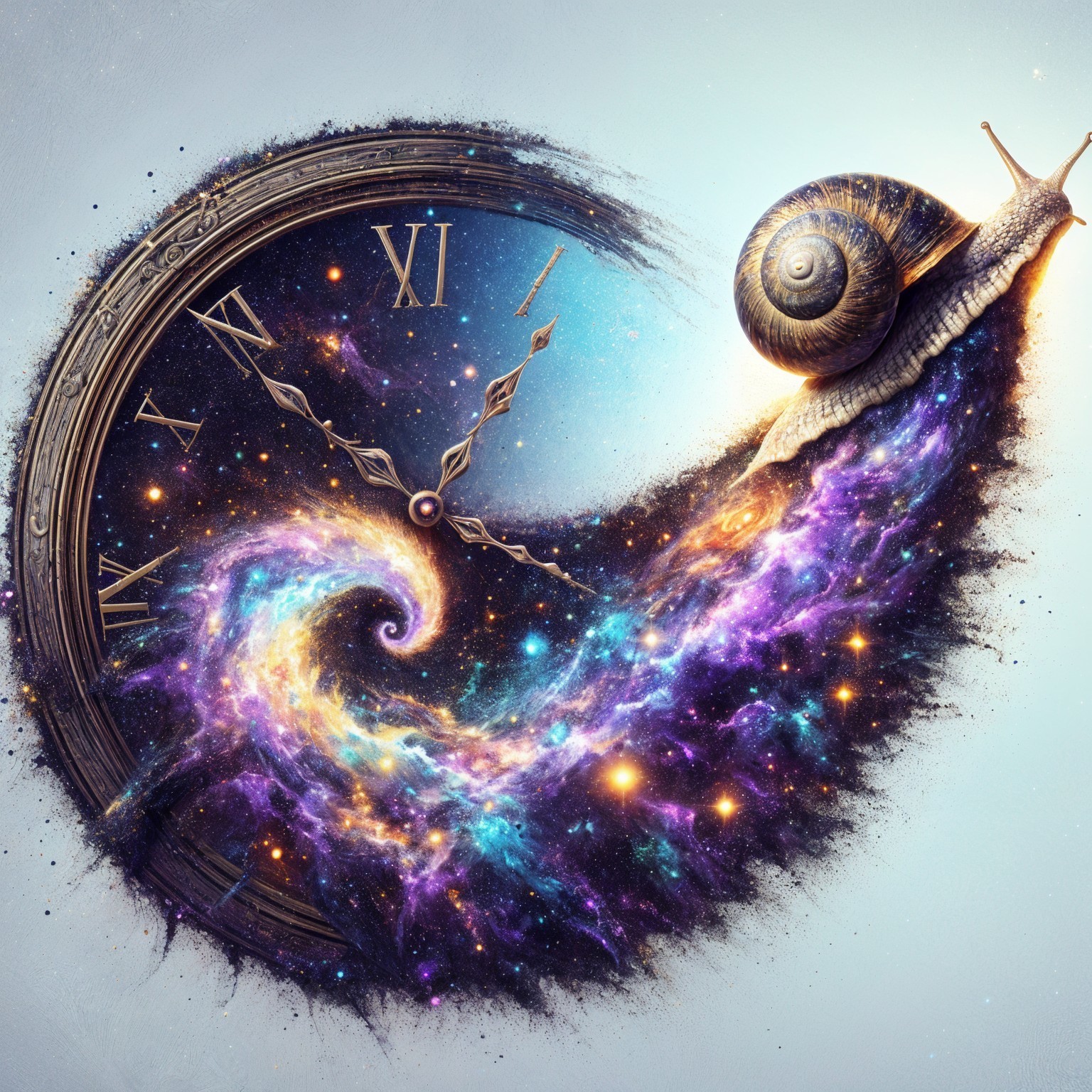 Surreal Clock and Cosmic Scene with Snail and Galaxy