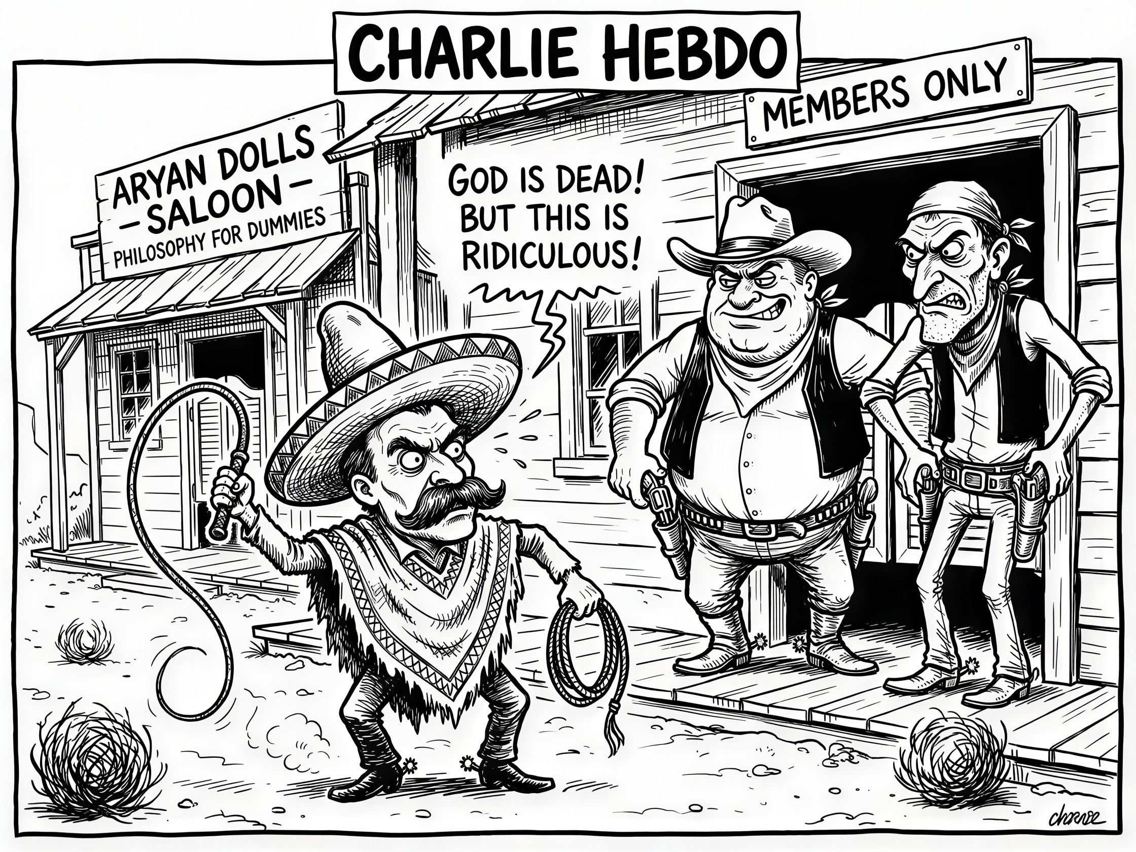 Black and white cartoon of a Mexican caricature in desert