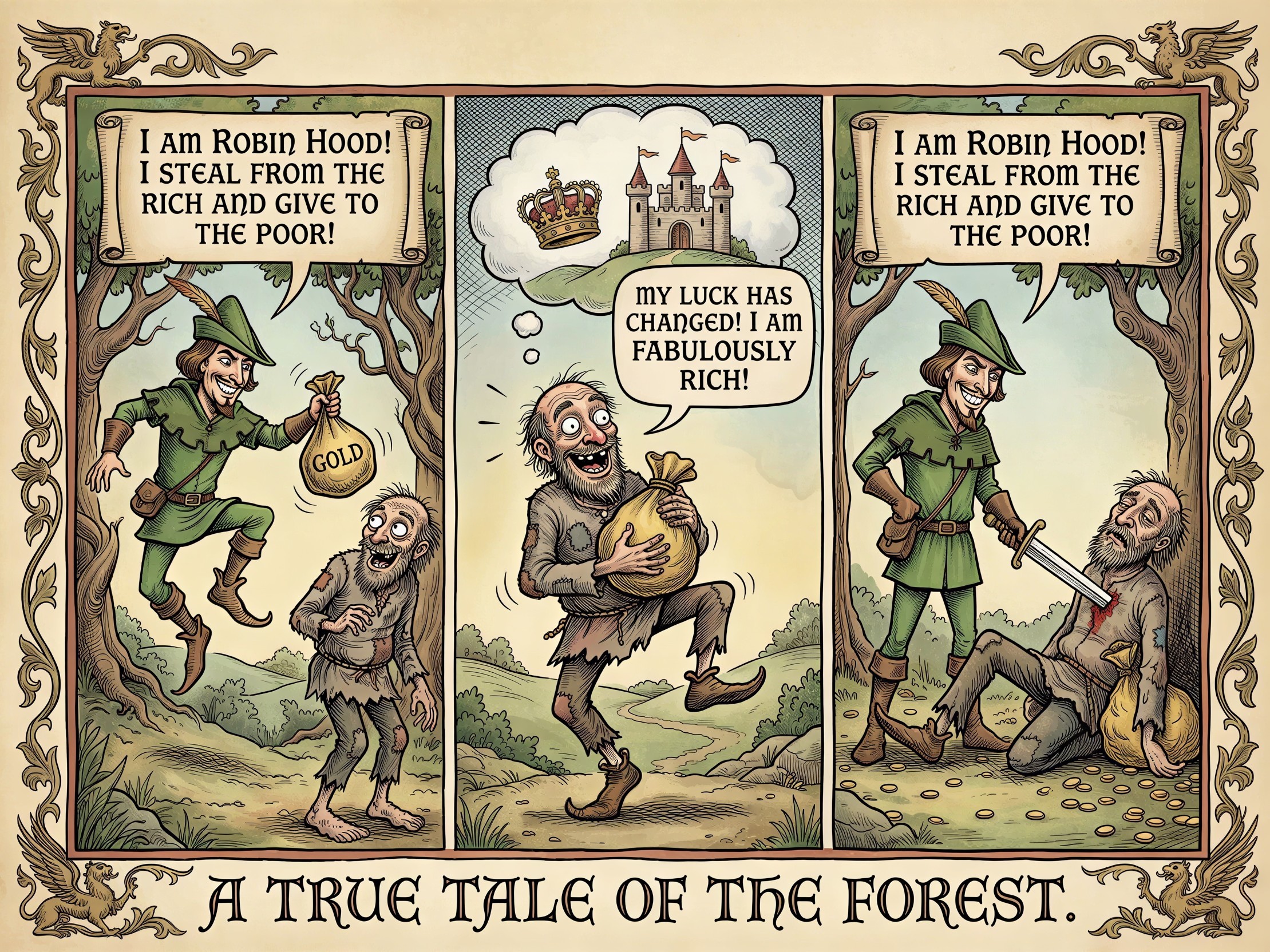 Three-Panel Comic Strip Featuring Robin Hood's Tale