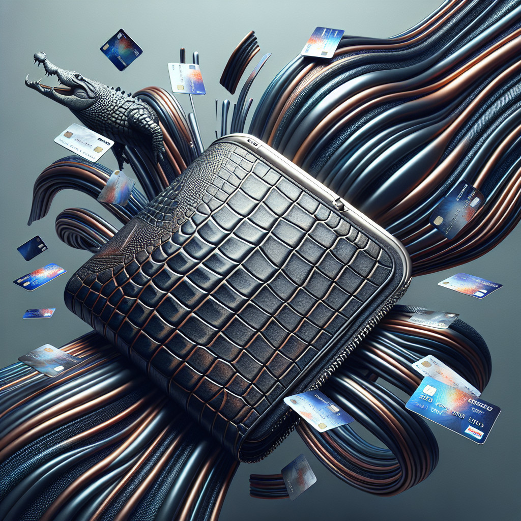 Crocodile-Patterned Wallet Among Metallic Cables