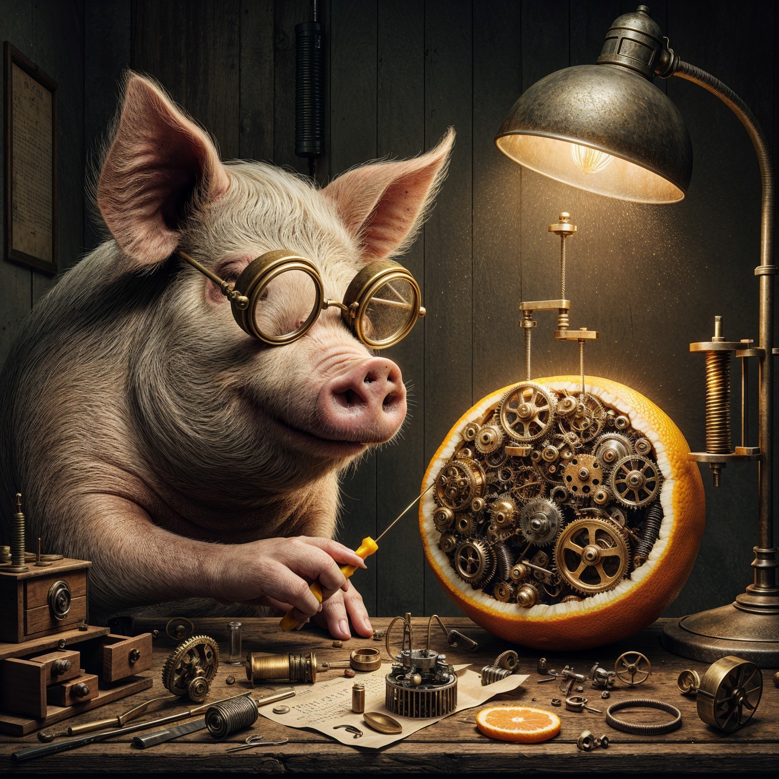 Whimsical Pig Tinkering with Clockwork Orange Scene