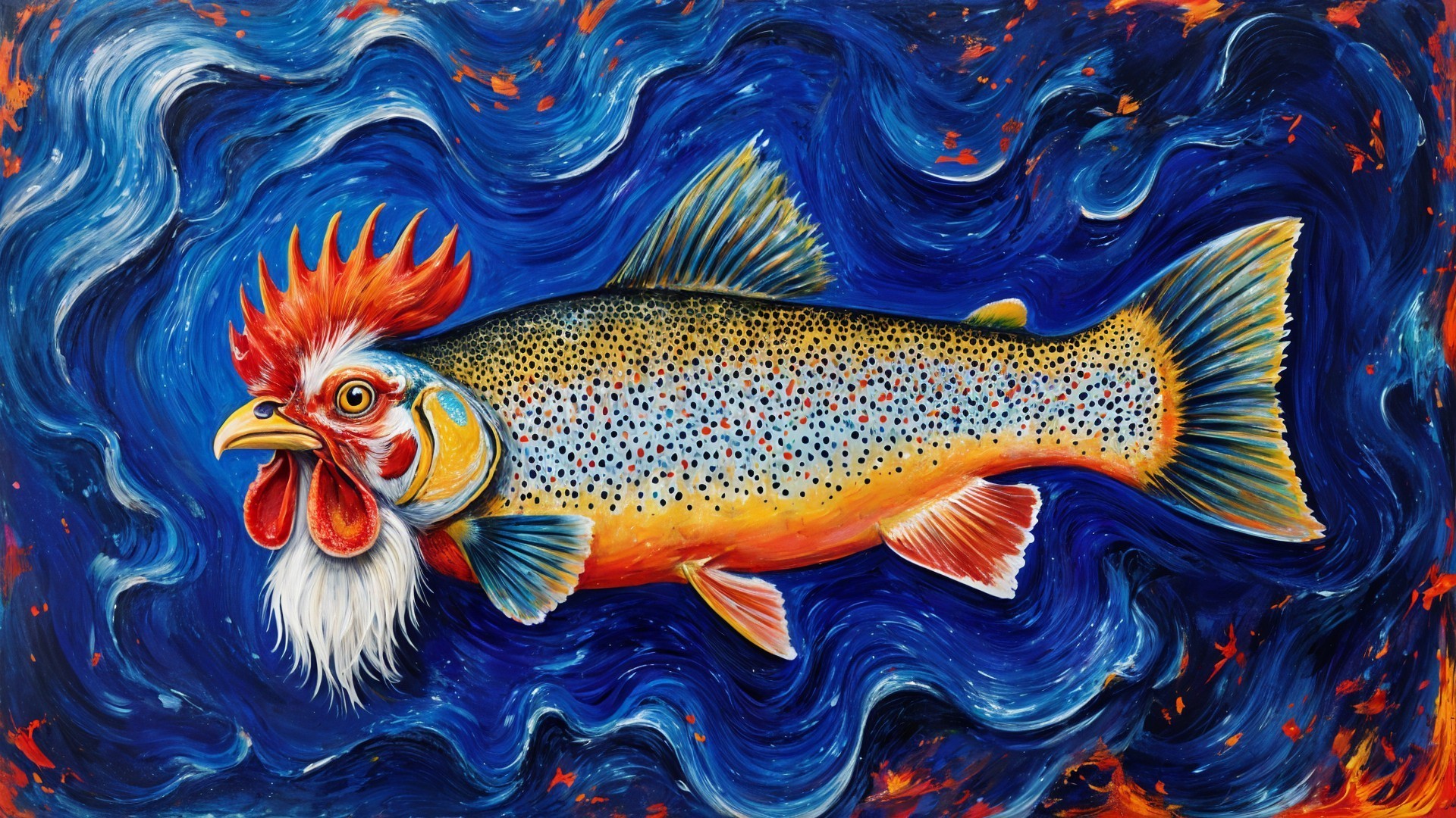 Whimsical Trout with Rooster Head in Colorful Painting