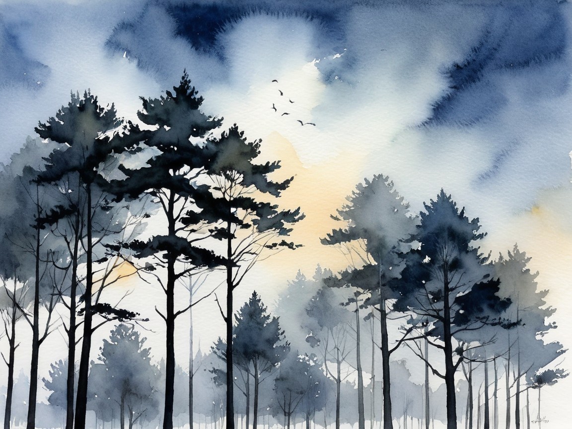 Watercolor Landscape with Pine Trees and Misty Sky