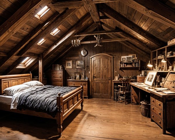 Cozy Attic Bedroom with Wood Paneling and Skylights