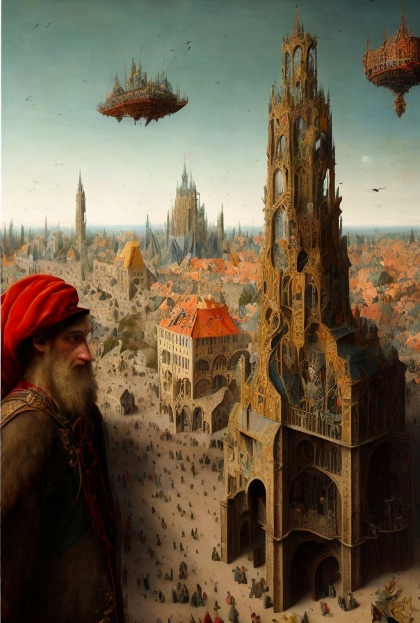 Intricate Medieval Cityscape with Flying Ships and Crowds