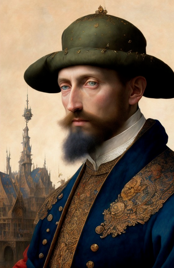 Regal Figure in Ornate Blue and Gold Robe