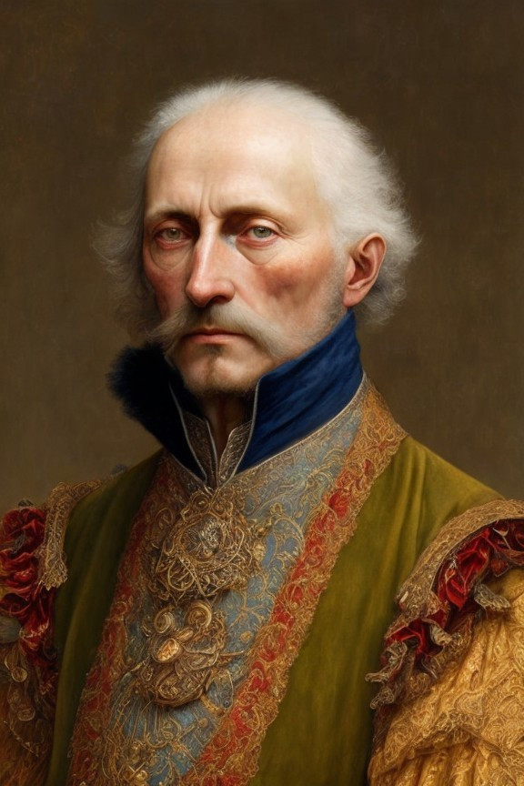 Elderly Man in Ornate Robe with Stern Expression